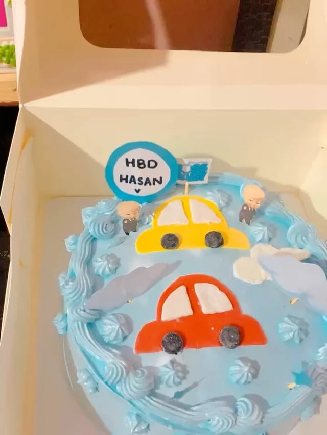 Custom birthday car theme cake design for Hasan with vehicle-inspired decorations - Children's Birthday Cakes Karachi By Whisk And Sift
